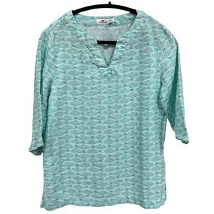 Vineyard Vines‎ 100% Linen Girl's L Top Aqua Blue Fish Pattern 3/4 Sleeve